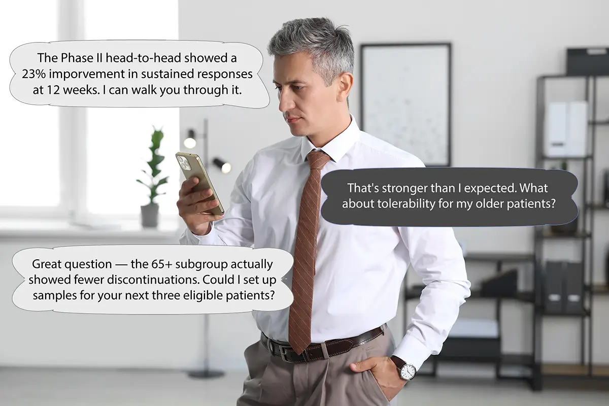 Sales rep reviewing an AI role-play conversation on his phone, practicing a pharmaceutical detailing scenario with a simulated physician