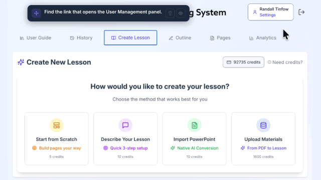 REACHUM lesson editor showing modular block editing