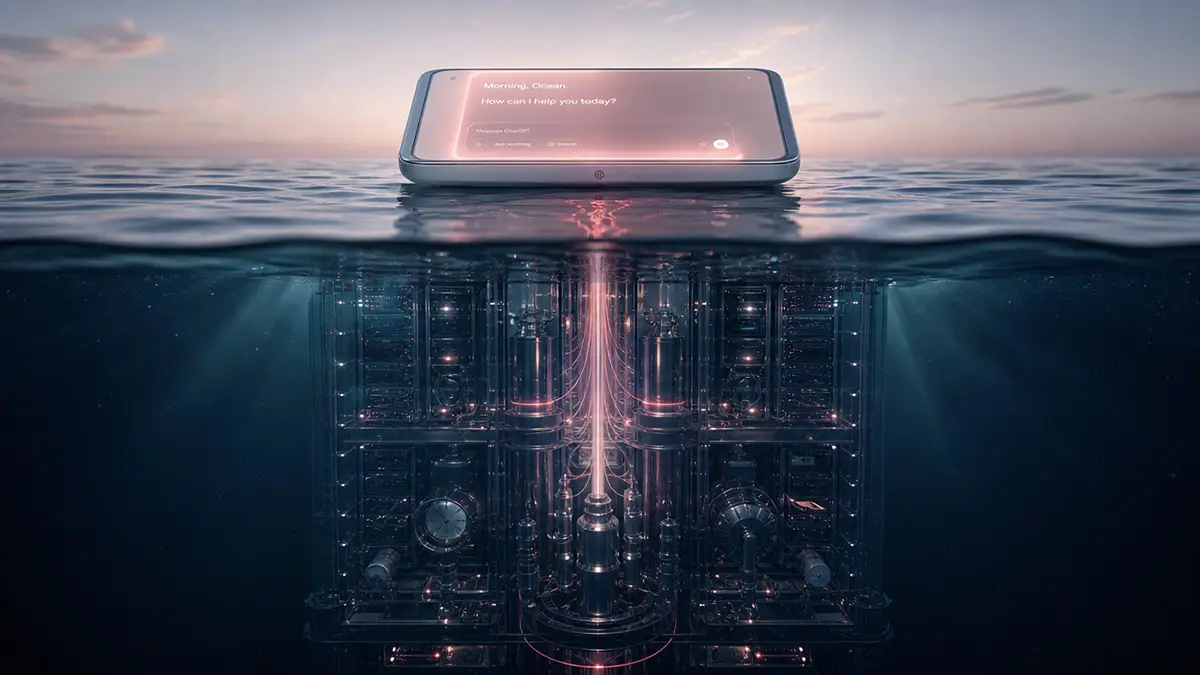A softly glowing chat device floating on a calm ocean surface, linked by threads of pink light to an immense machine of server racks, gauges, and conduits descending into the deep below.
