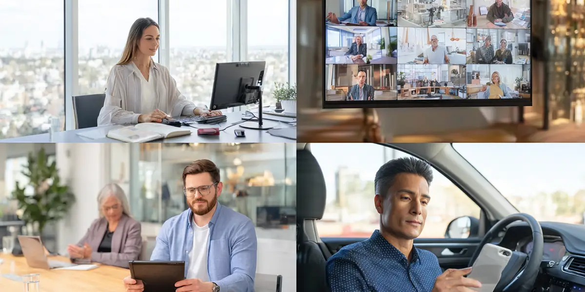 quad split showing remote workers accessing content on different devices.