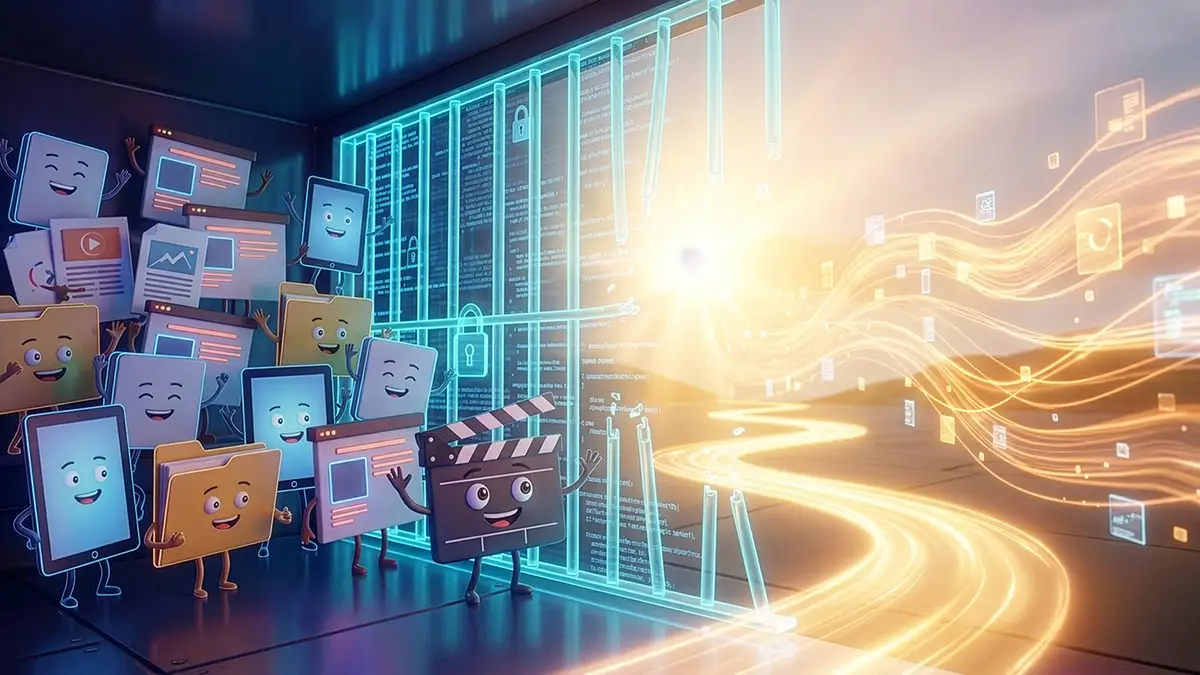 Cartoon training files, folders, and media breaking free through a glowing barrier into open, flowing light.
