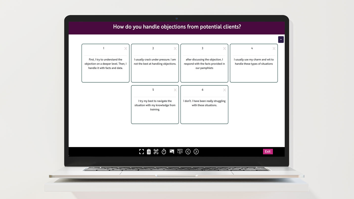 A laptop showing anonymous responses to the question how do you handle objections from potential clients, including two admissions of struggling