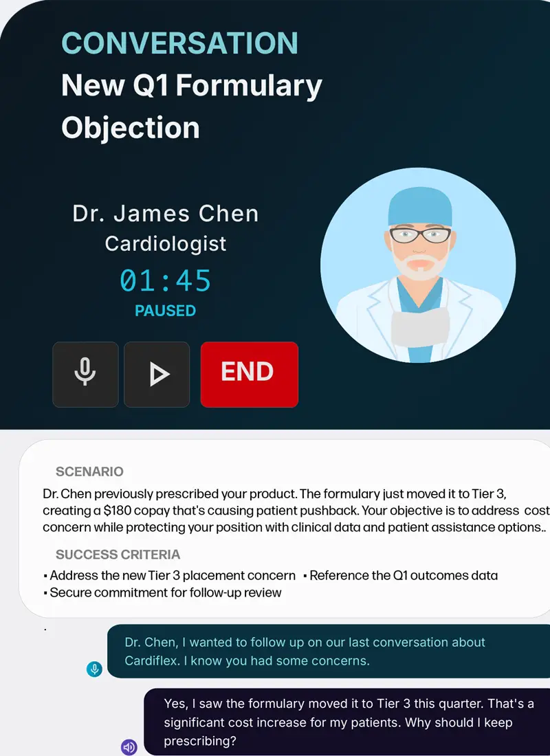 REACHUM role-play interface - New Q1 Formulary Objection with live coaching