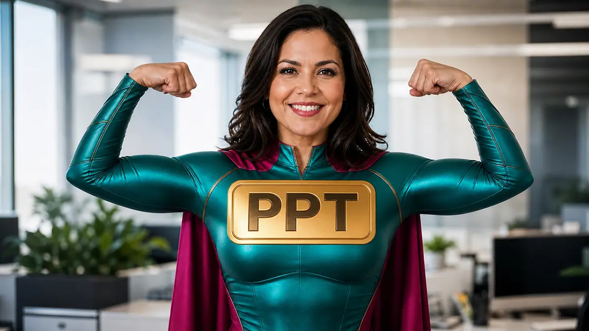 A smiling middle-aged woman in a teal superhero suit with a magenta cape flexes both arms, a gold "PPT" emblem on her chest, standing in a bright modern office.