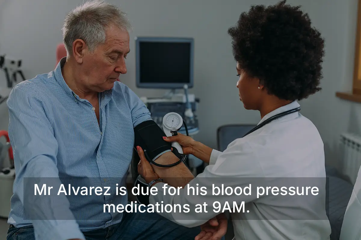A narrated nursing slide becomes an activity: a resident's vitals appear and the caregiver chooses to hold the medication.