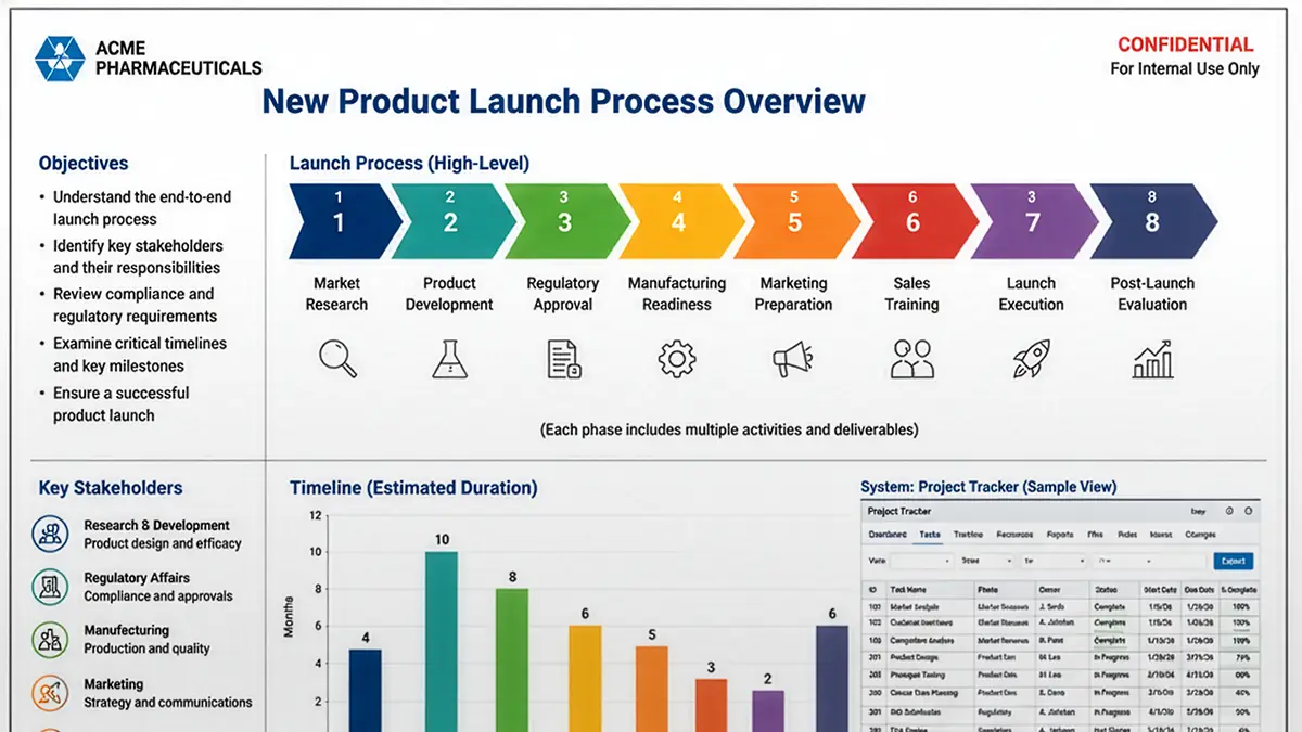 A corporate slide crammed with objectives, charts, a data table, and compliance icons — the kind of layout that overwhelms a small screen.