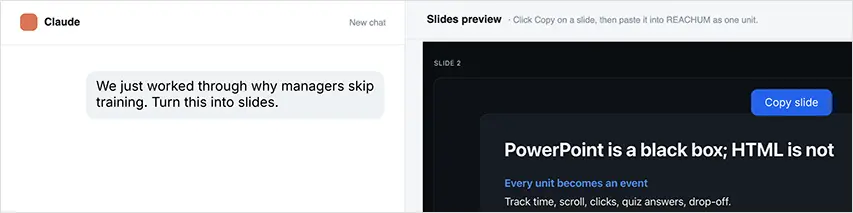 A chat with the request and the slide preview