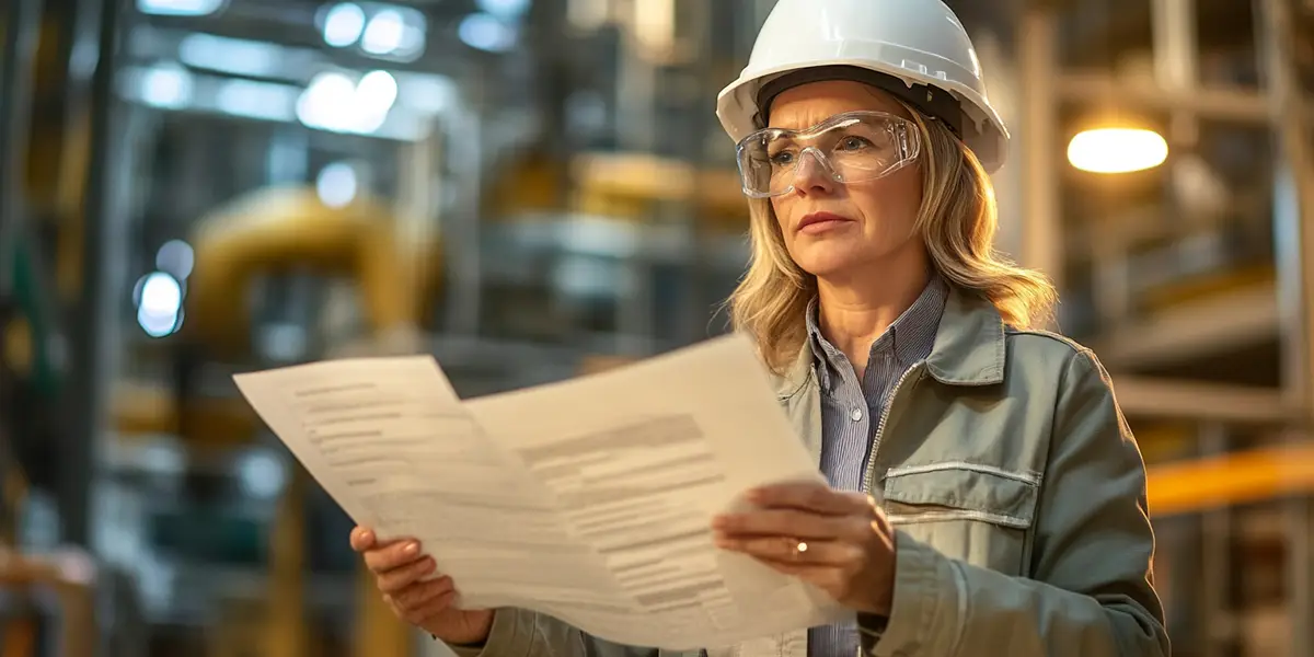 Safety professional reviewing training documentation in an industrial setting