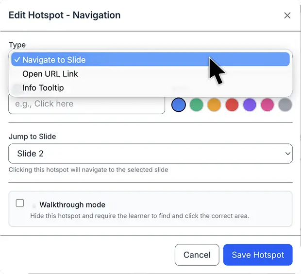 REACHUM hotspot editor showing Walkthrough Mode with instruction, hint, and explanation fields