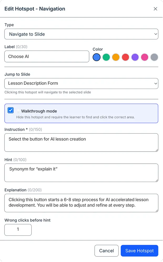 REACHUM hotspot editor showing Walkthrough Mode with instruction, hint, and explanation fields