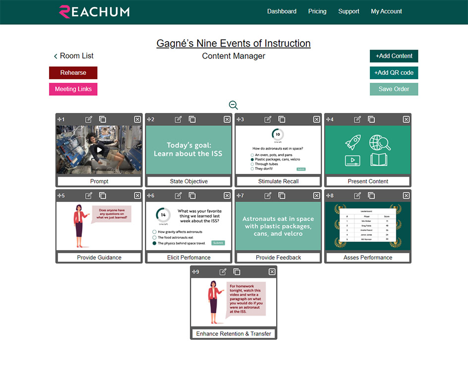 REACHUM Content Manager demonstrating Gagné’s Nine Events of Instruction